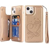 iCoverCase Compatible with iPhone 14 Plus Wallet Phone Case with Card Holder for Women, RFID Blocking Embossed PU Leather Wrist Strap Case 6.7 Inch (Heart Gold)