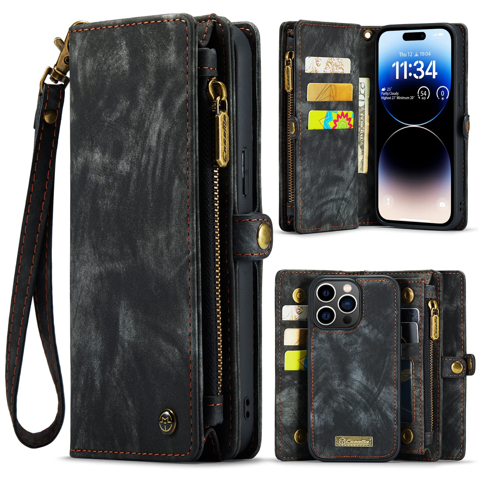 Wallet Case for iPhone 14 Pro Max, Magnetic Flip Zipper Pocket Kickstand Cover Premium Durable PU Leather Folio Case with Card Holder Lanyard Strap Wristle for iPhone 14 Pro Max (Black)