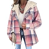 Zeagoo Womens Plaid Shacket Jacket Long Sleeve Fleece Hooded Jackets Fall Winter Warm Coat S-2XL