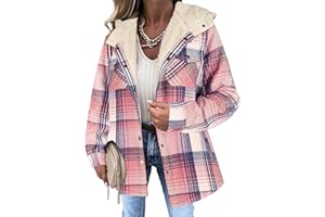 Zeagoo Womens Plaid Shacket Jacket Long Sleeve Fleece Hooded Jackets Fall Winter Warm Coat S-2XL