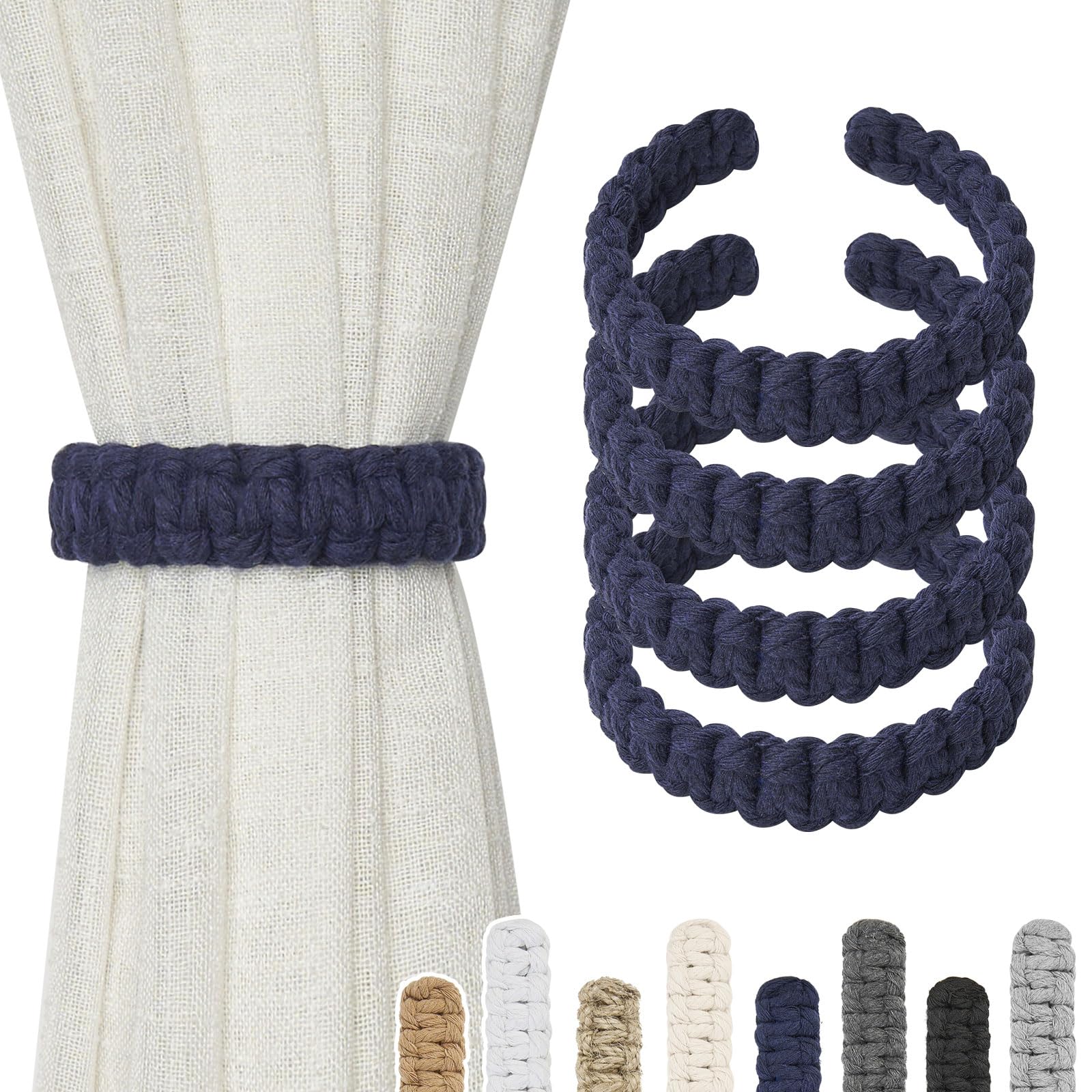 Pretty Jolly 4 Pack Natural Cotton Rope Curtain Tiebacks Farmhouse Rustic Style Decorative Drape Tie Backs Handmade Braided Curtain Holdbacks for Home Sheer/Light Weight Drapery (C-Dark Blue-S)