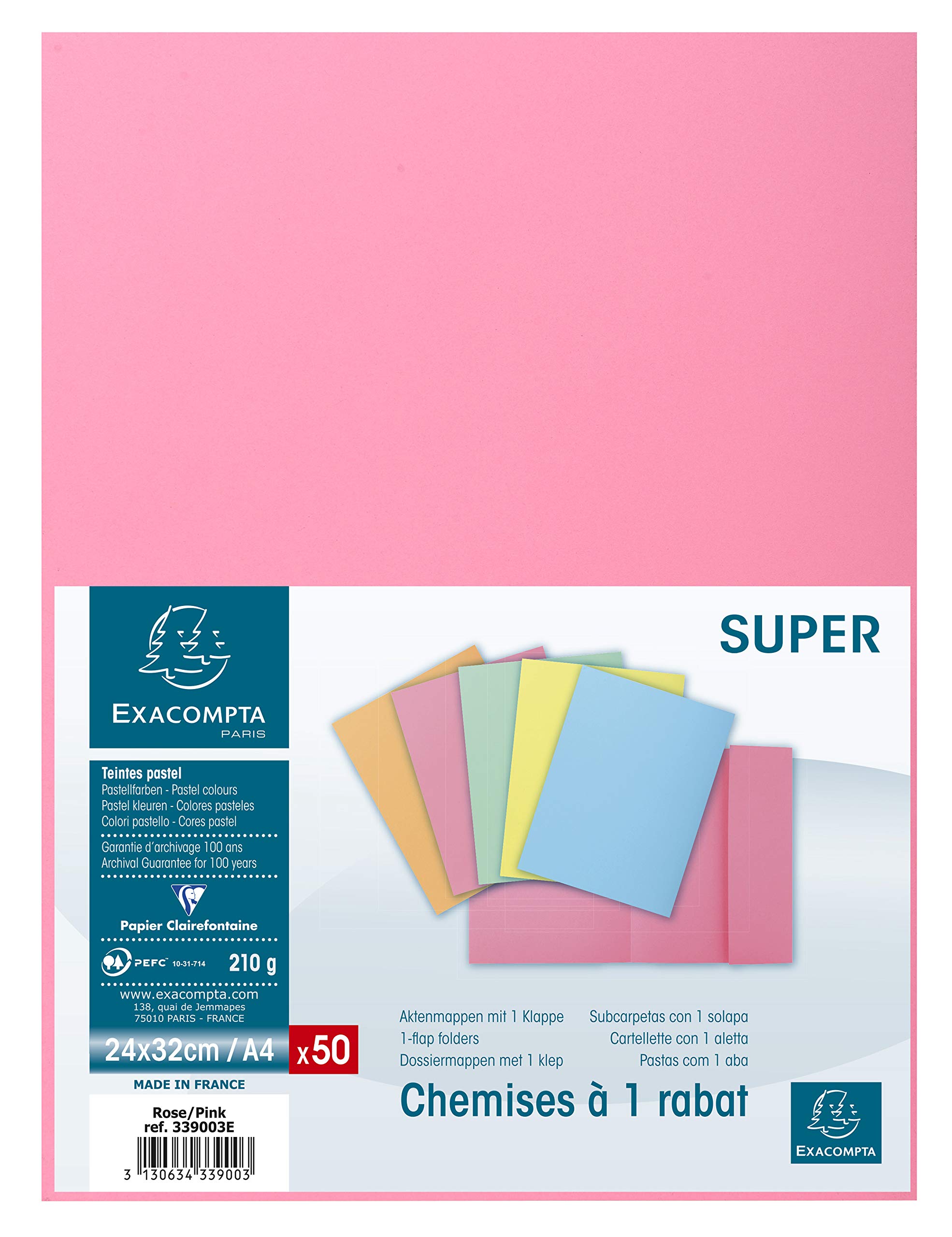 Exacompta - Ref 339003E - Super 210 1-Flap Folders - 240 x 320mm in Size, Suitable for Holding A4 Documents, 210gsm Card, Single Fold Over Flap - Pink (Pack of 50)