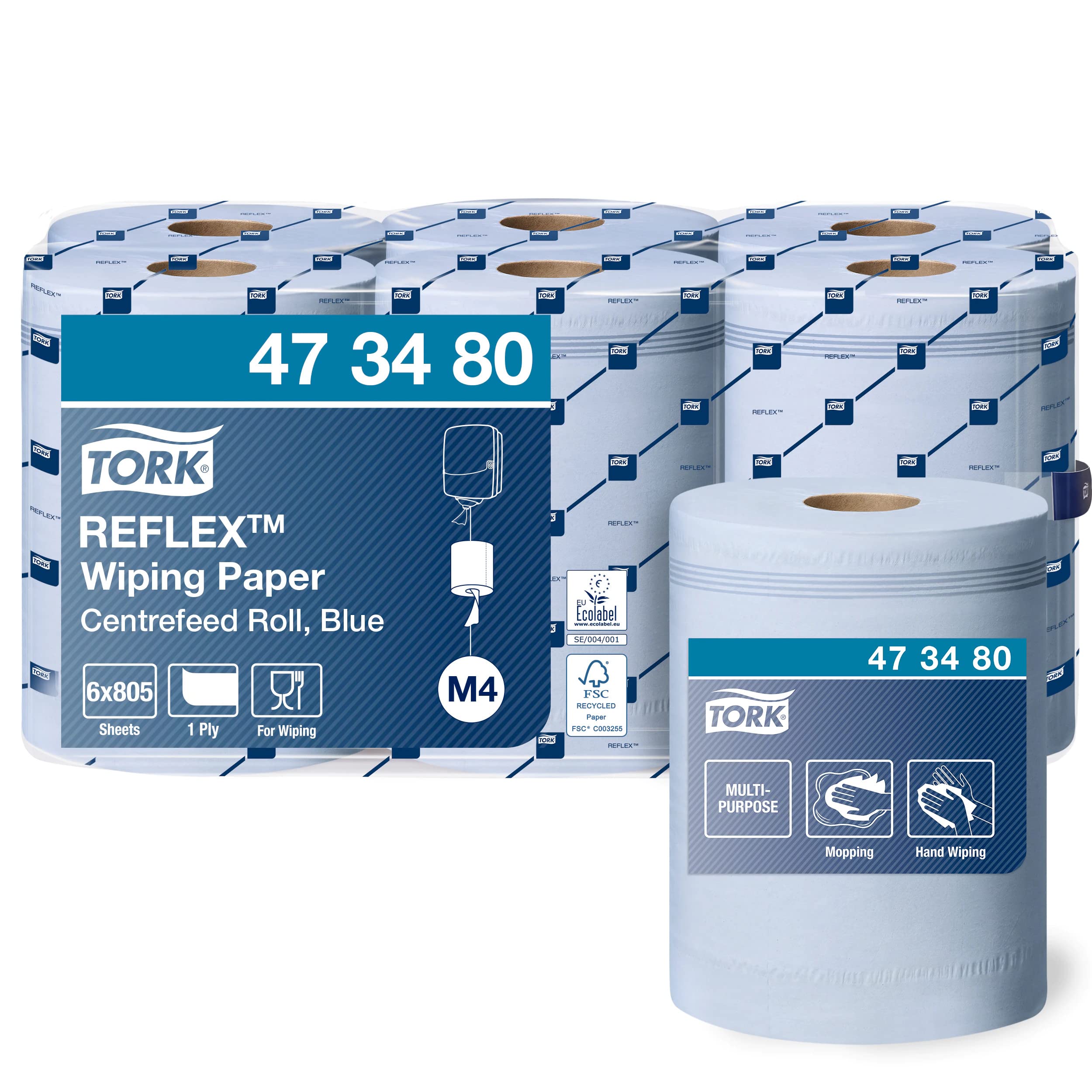 Tork 473480 Reflex Wiping Paper / 1 Ply Absorbent Advanced Paper Roll Suitable for Tork M4 Reflex Centrefeed System / Blue / 6 x 269.7m / Ø 18.5cm