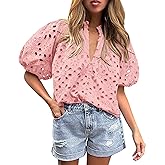 Chapsor Women's Casual Summer Blouse Tops Hollow Out Eyelet Embroidery V Neck Buttons Puff Short Sleeve Dressy Boho Shirt