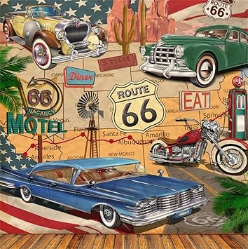 Amazon Com Csfoto 8x8ft Background For Vintage Route 66 Poster Wall Backdrop Photographic Retro Hand Drawn Picture Motel Car Road Sign Weathered Wood Floor Children Baby Photo Studio Props Wallpaper Camera