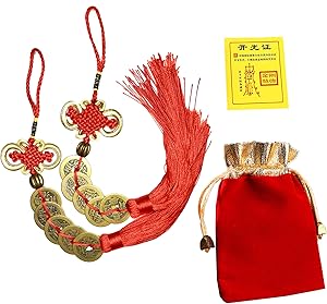 Chinese Feng Shui 5 Coins with Handmade Red Enless Knot 2021 Feng Shui Money Home Decor Hanging Decoration Lucky Ornaments for Car Wealth Success Travel Safely 2Pcs