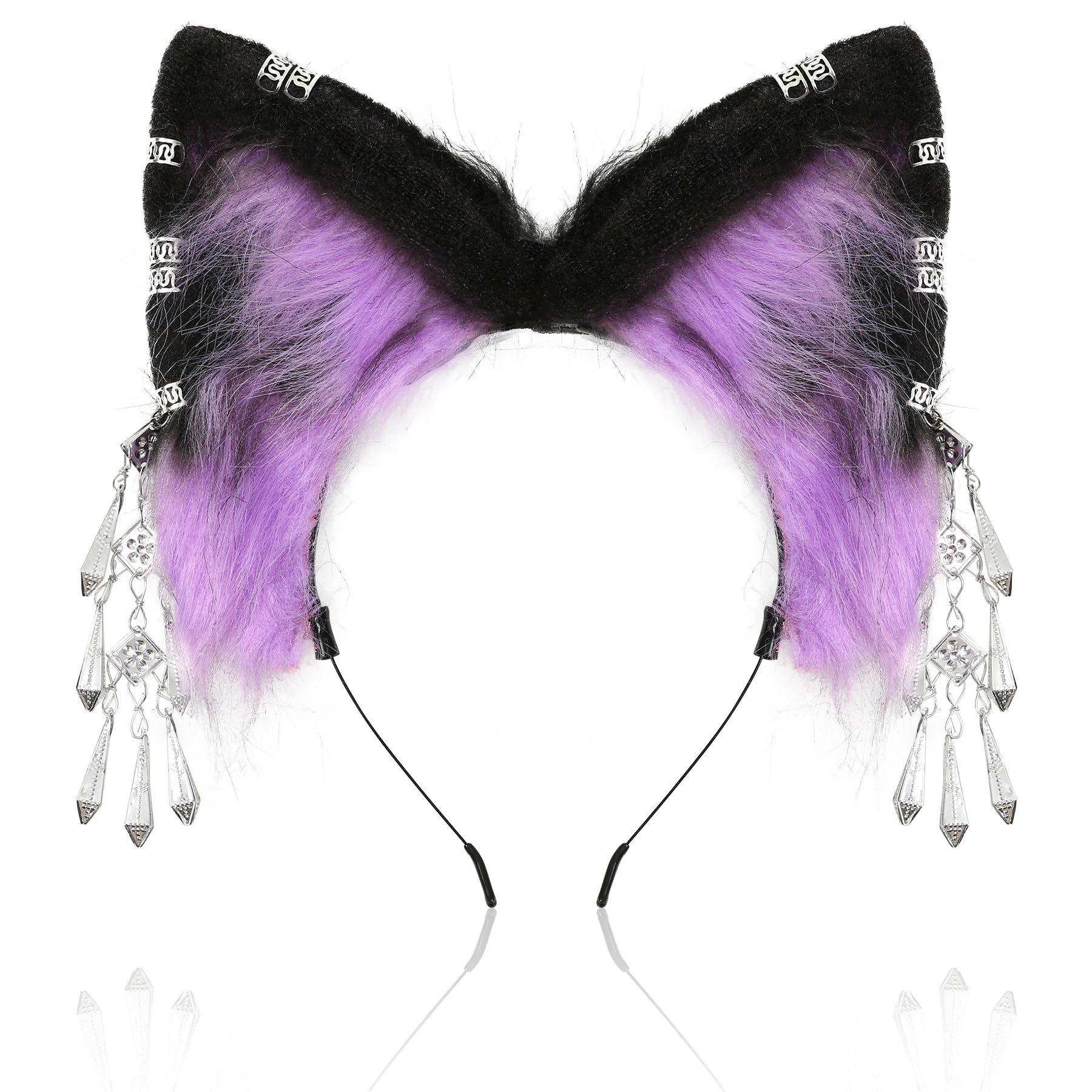 Umimiss Wolf Ears - Purple Ears, Purple Wolf Ears With Jewelry, Fluffy Wolf Cat Ears, Wolf Costume Headwear, Halloween Carnival Party Masquerade Cosplay Costume Accessories for Women and Girls