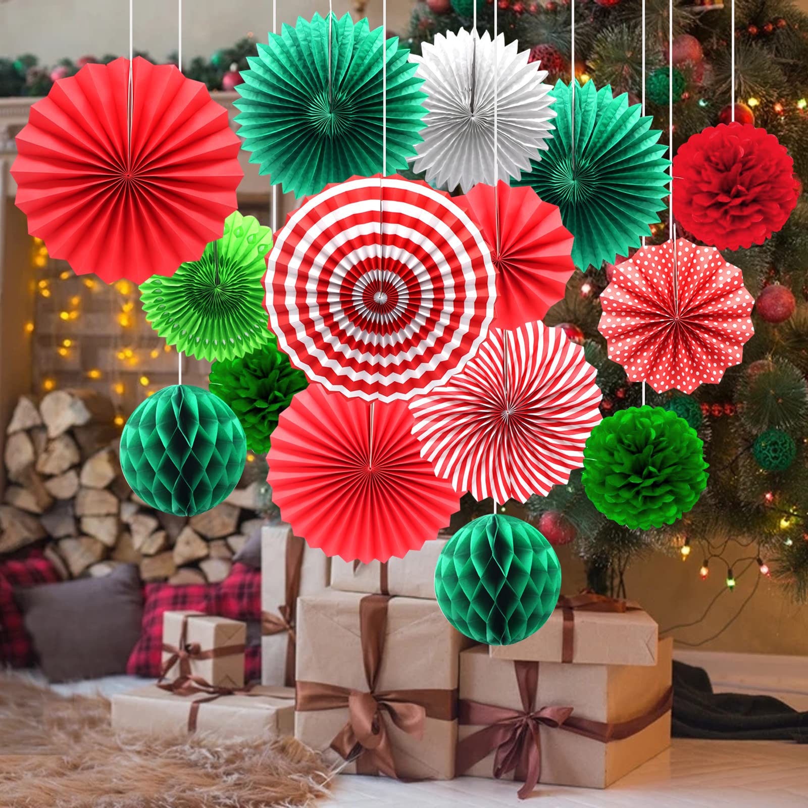 Paper Christmas Decorations, Christmas Ceiling Decorations Tissue Paper Hanging Paper Fans Honeycomb Balls Pom Poms Flower Hanging Decoration for Xmas Winter Home Ceiling Wall Decor