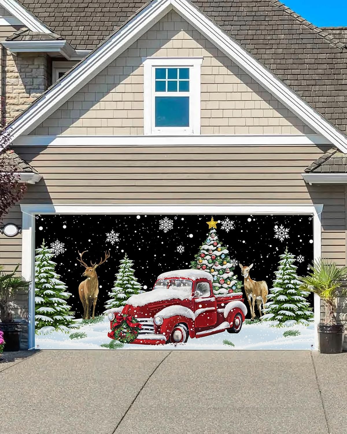 Garage Door Decorations - Christmas Garage Door Cover, Christmas Red Car Xmas Tree Snowflake Black Holiday Garage Door Banner Cover Mural, Large Banner Backdrop Wall Decor Garage Door Decorations Party Supplies,7x8ft