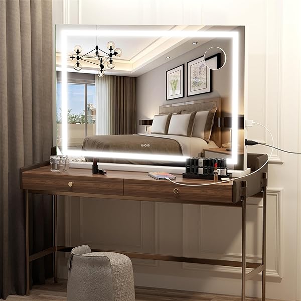 HASIPU VANITY MIRROR WITH LIGHTS, 28″ X 20″ LED MAKEUP MIRROR, LIGHTED MAKEUP MIRROR WITH DIMMABLE 3 MODES, TOUCH SCREEN CONTROL VANITY MIRROR SQUARE WHITE