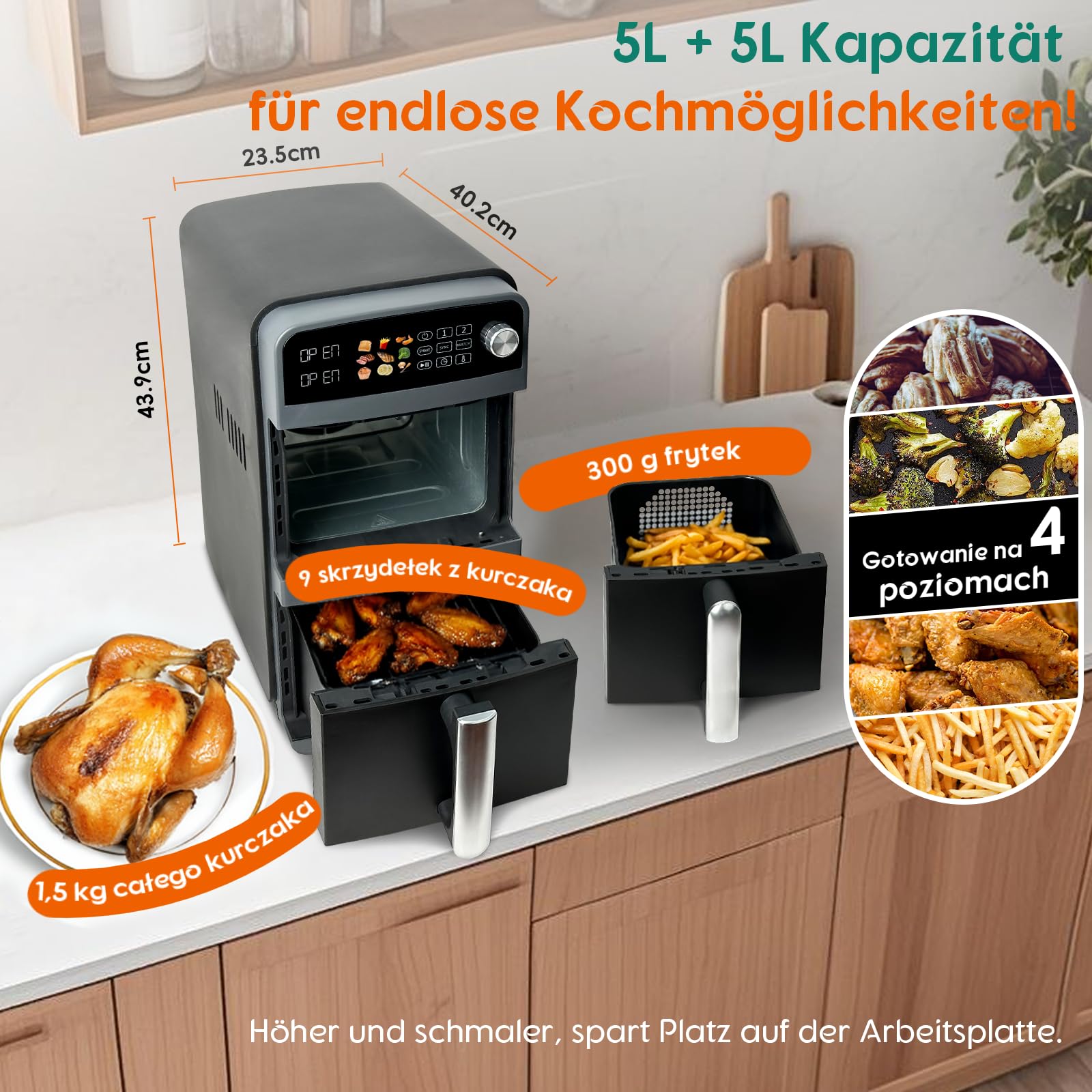 10L Double Stack XL airfryer Heißluftfritteuse | 2400W heißluftfritteuse 2 kammern | Gleichmäßiges Garen & Wende-Erinnerung | Sync/Match,9 Programme, Energie sparen, Spülmaschinenfest 2