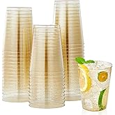 JOLLY CHEF 100 Pack 10 oz Gold Glitter Plastic Party Cups, Disposable Plastic Tumblers, Gold Drinking Glasses with Glitter Suitable for Wedding, Thanksgiving Day, Christmas Halloween
