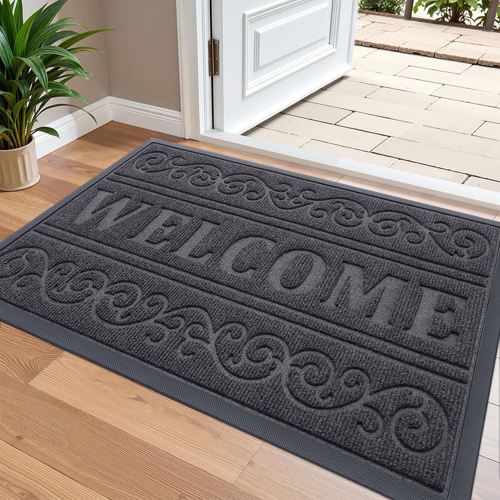 OLANLY Welcome Door Mat Indoor Outdoor Entrance, Heavy Duty Sturdy Front Door Mat, Waterproof All-Weather Doormat, Stain Resistant, Low Profile, Easy Clean Patio Entryway Mat, 36 x 24, Medium Grey Image