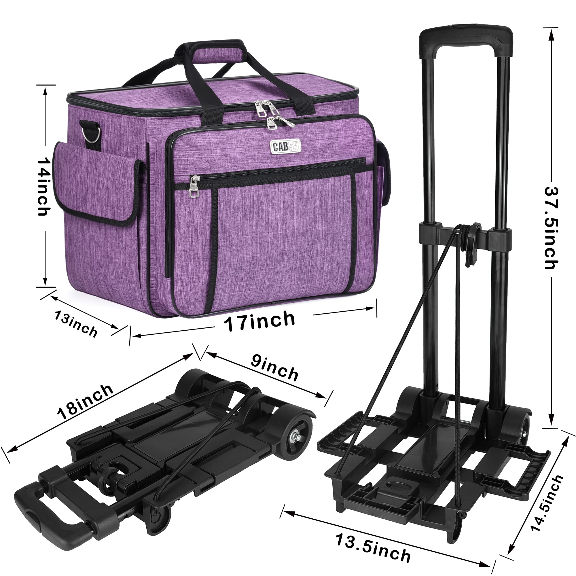 CAB55 Rolling Sewing Machine Case, Detachable Rolling Sewing Machine Carrying Case on Wheels, Trolley Tote Bag with Removable Bottom Wooden Board for Most Standard Sewing Machine and Accessories