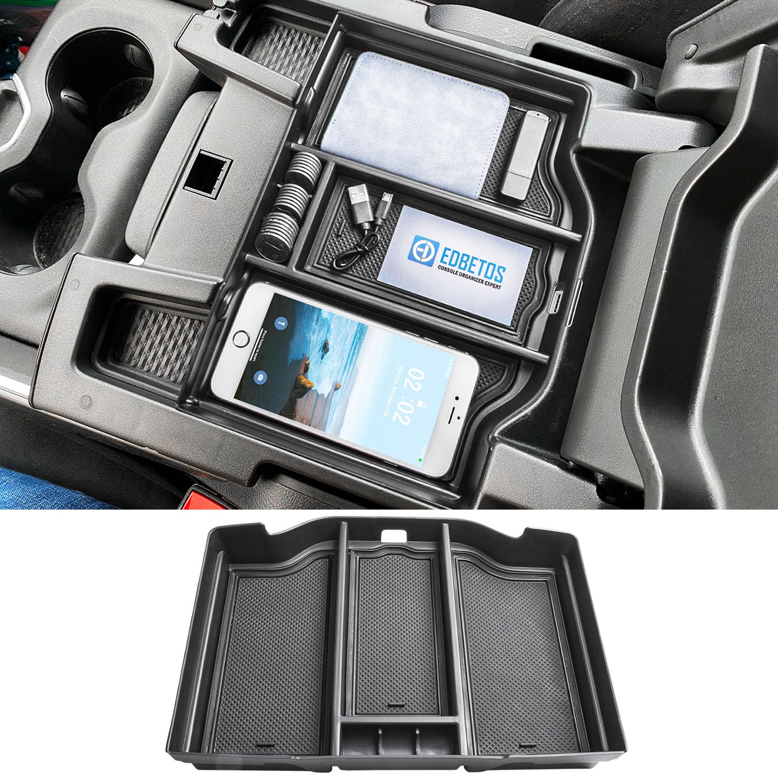 Photo 1 of EDBETOS Full Center Console Organizer Compatible with 2019-2023 2024 2025 Dodge RAM 1500 2500 3500 Accessories ABS Plastic Material Insert Tray Secondary Storage Armrest Box, Black