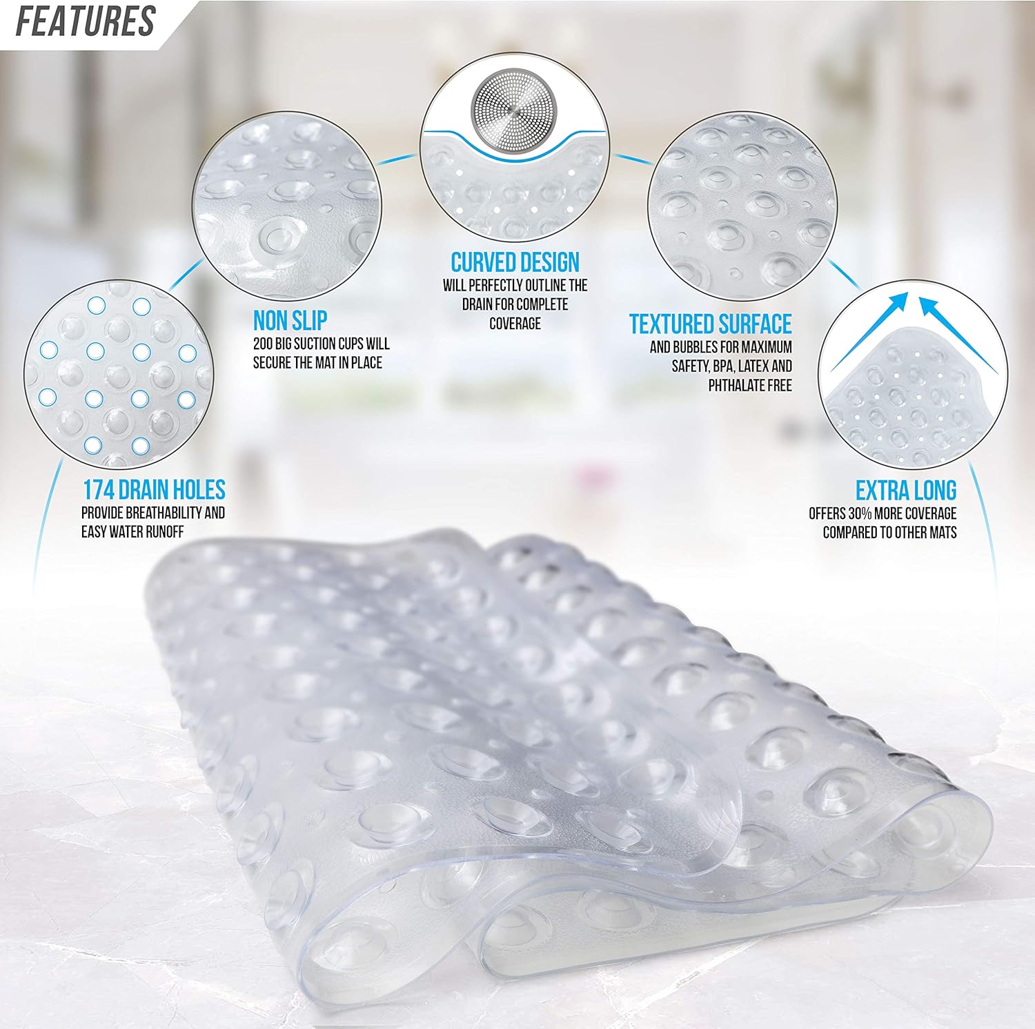 Sierra Concepts 2-Pack Bath, Shower, Tub Mat Clear (39x16) Non Slip, Mildew Resistant, Machine Washable, Antibacterial, BPA, Phthalate Free, Bathtub Mats - Drain Holes, Suction Cups, XL Rectangle Size: Home & Kitchen