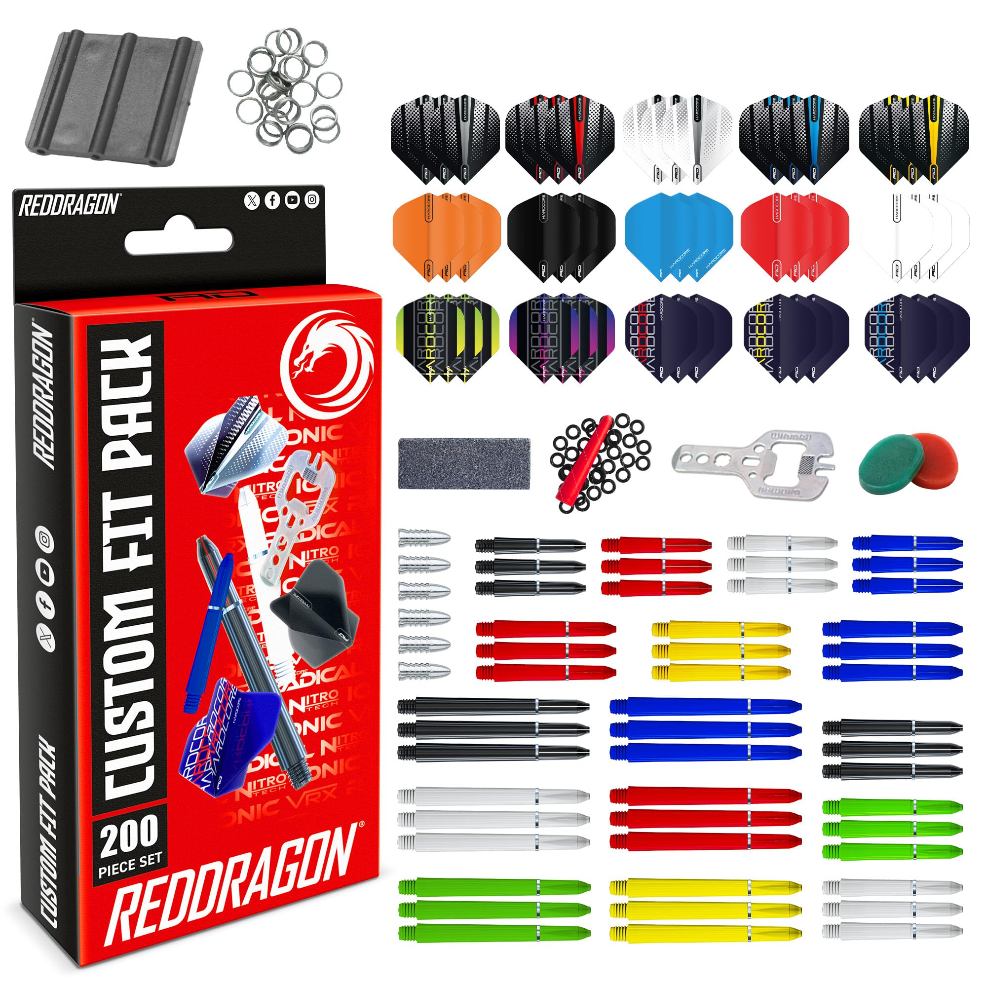RED DRAGON Darts - 200 Piece Dart Custom Fit Accessory Set- Includes Dart Flights, Shafts, Trident 180's, Flight Savers, Finger Grip Wax, Multi-tool & more - Professional Darts Accessories