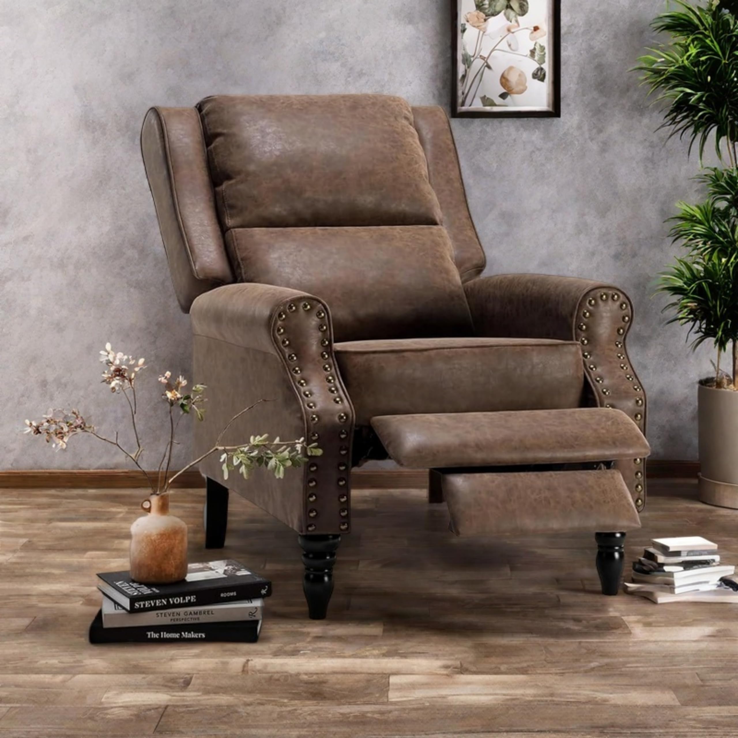 Photo 1 of Trygoal Leather Recliner Chair, Pushback Recliner Chair with Adjustable Backrest Footrest, Mid Modern Reclining Chair with Overstuffed Arms Lumbar Support for Reading, Living Room, Drak Brown