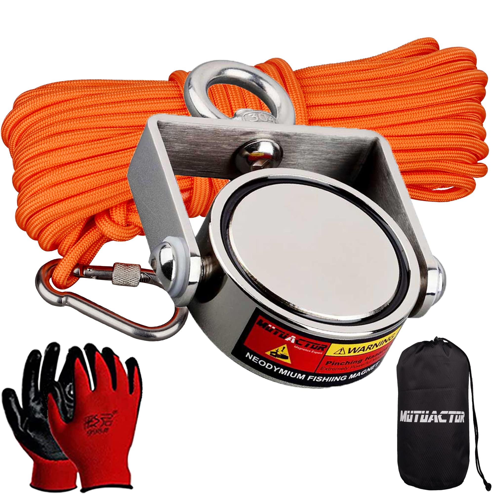 MUTUACTOR N52 Neodymium Steel Round Magnet, 400kg Pull Force, Heavy Duty Fishing Kit with Rope, Glove and Grapping Hook, Double Sided, Silver