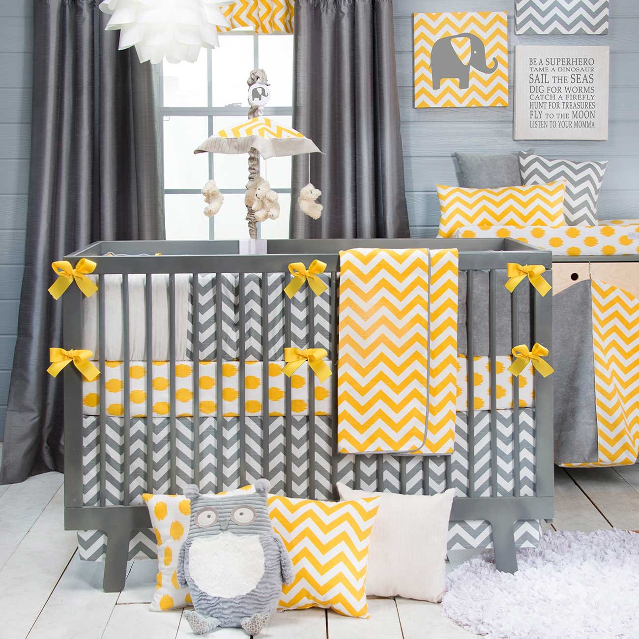 yellow and gray baby bedding