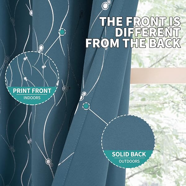 BGMENT ROOM DARKENING CURTAINS 95 INCHES LONG, GROMMET THERMAL INSULATED BLACKOUT CURTAINS WITH WAVE LINE AND DOTS PRINTED FOR BEDROOM, 2 PANELS, EACH 52 X 95 INCH, STEEL BLUE