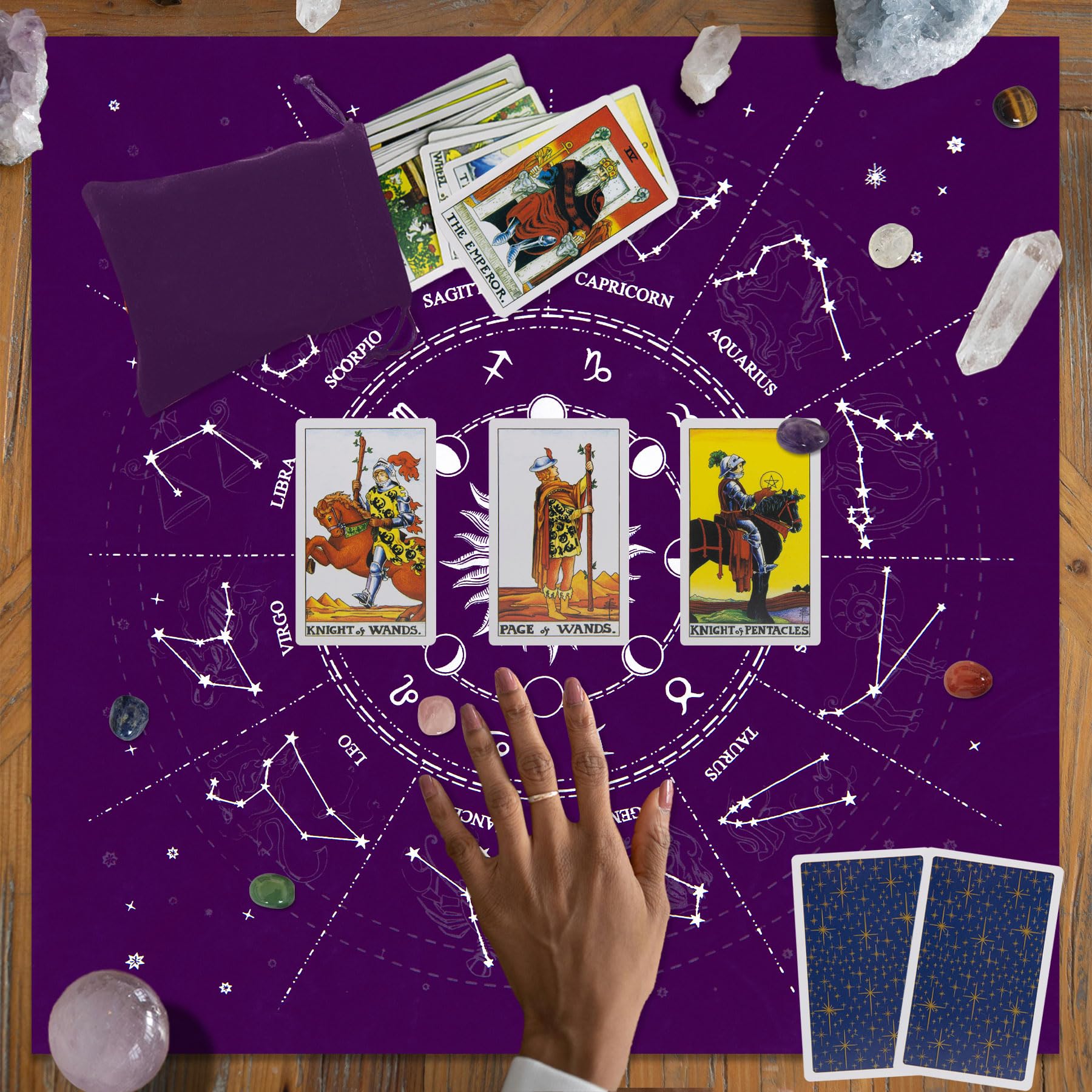 Knana 9Pcs Velvet Tarot Card Cloth Altar Cloth Tarot Cards Mat with Tarot Card Bag Crystals 19.7 x 19.7 inches (Purple)