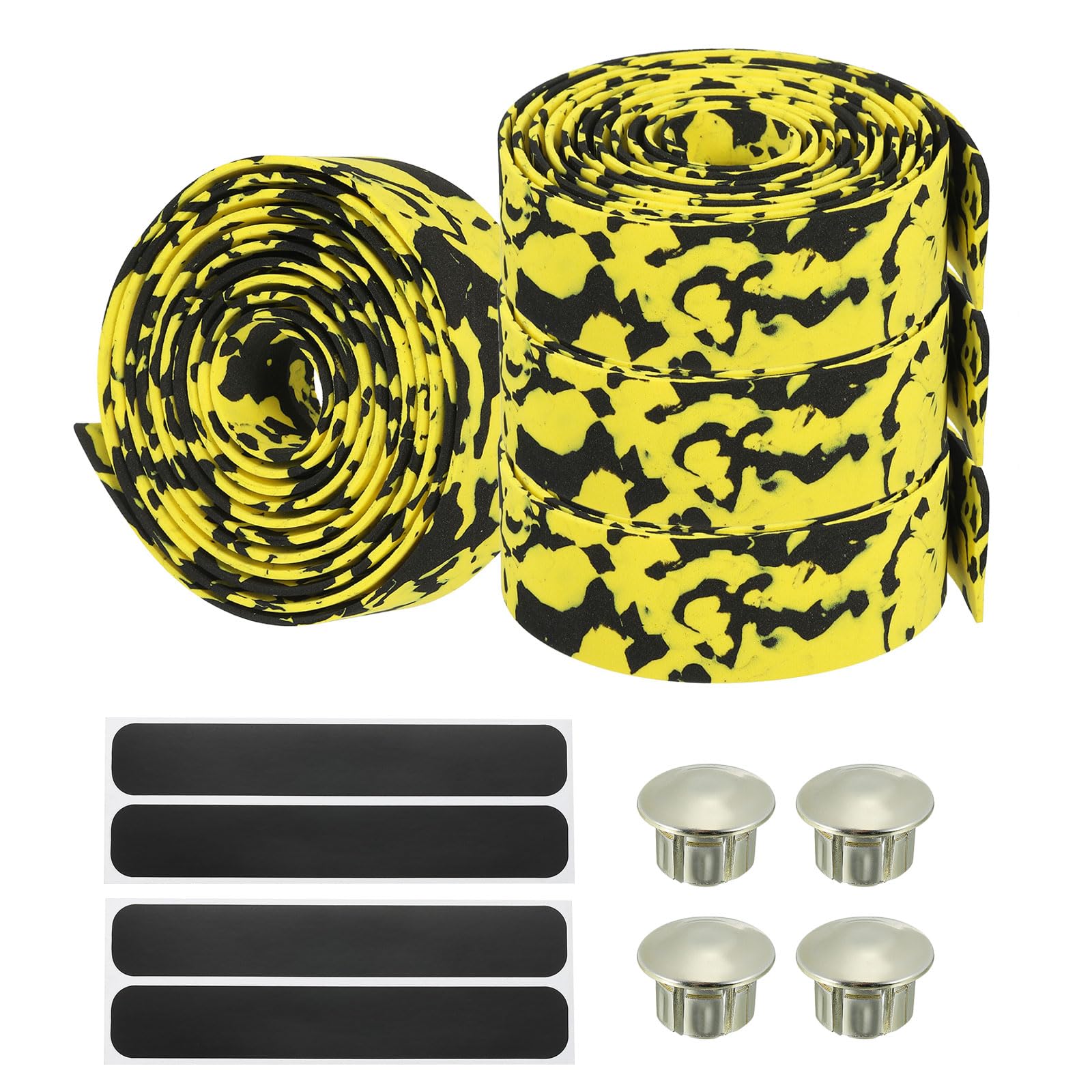 PATIKIL Bike Handlebar Tape, 4 Pack EVA Camouflage Handle Grip Wraps Non-Slip Bicycle Bar Tape with Black End Plugs for Racing Bicycles, Black Yellow