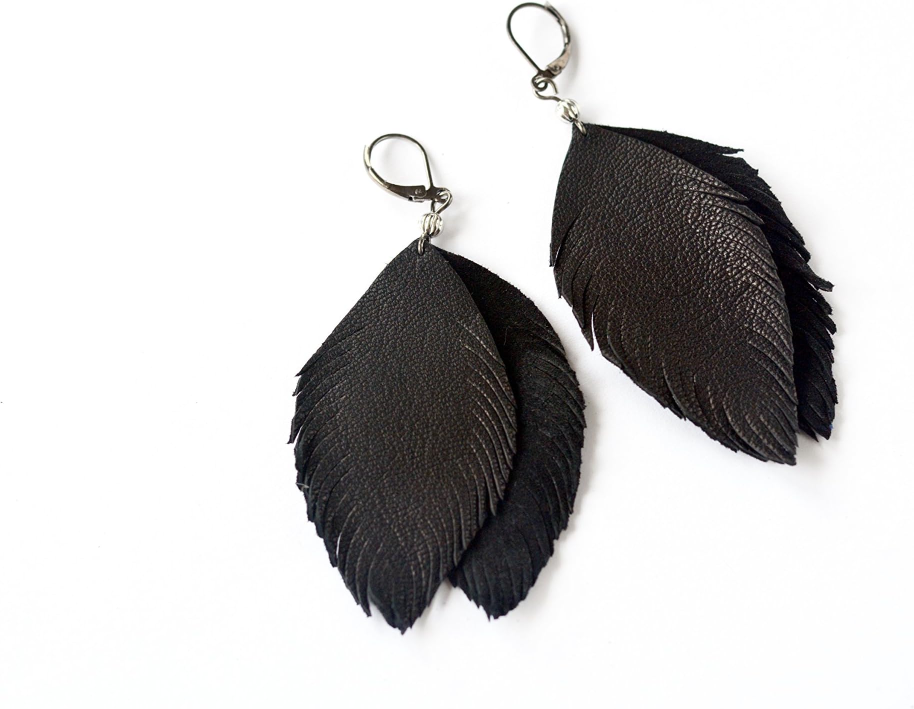 Black feather leather earrings