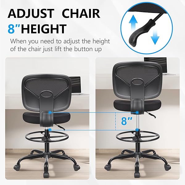 PRIMY TALL DRAFTING DESK CHAIR – ARMLESS, ADJUSTABLE HEIGHT, MESH BACK, ROLLING, STANDING DESK CHAIR FOR ART ROOM, OFFICE OR HOME (BLACK)