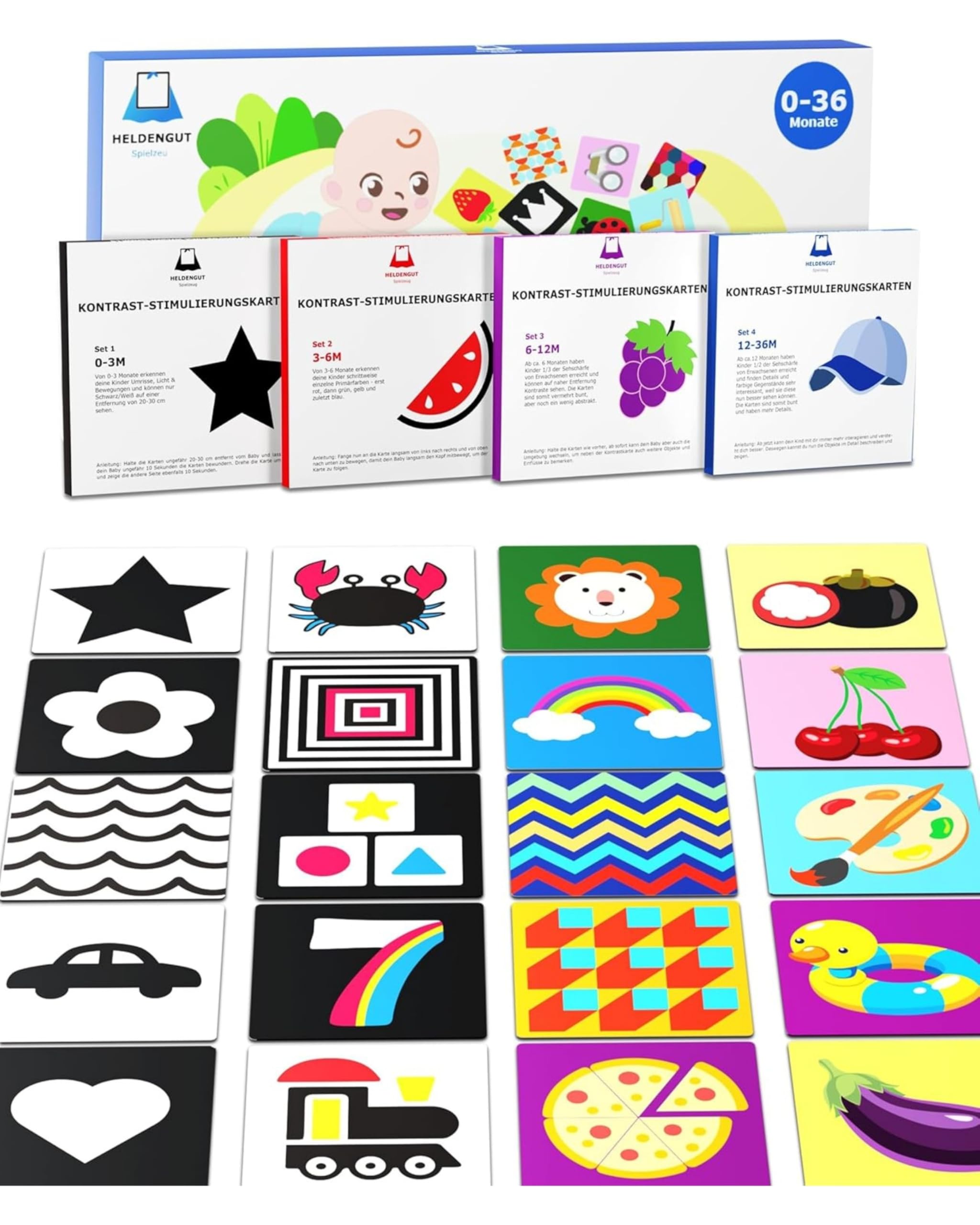 HELDENGUT Baby Contrast Cards Set - 80 High Contrast Flash Cards For Newborn Essentials & Sensory Toys For Babies - Visual Development Baby Toys 0-6 Months