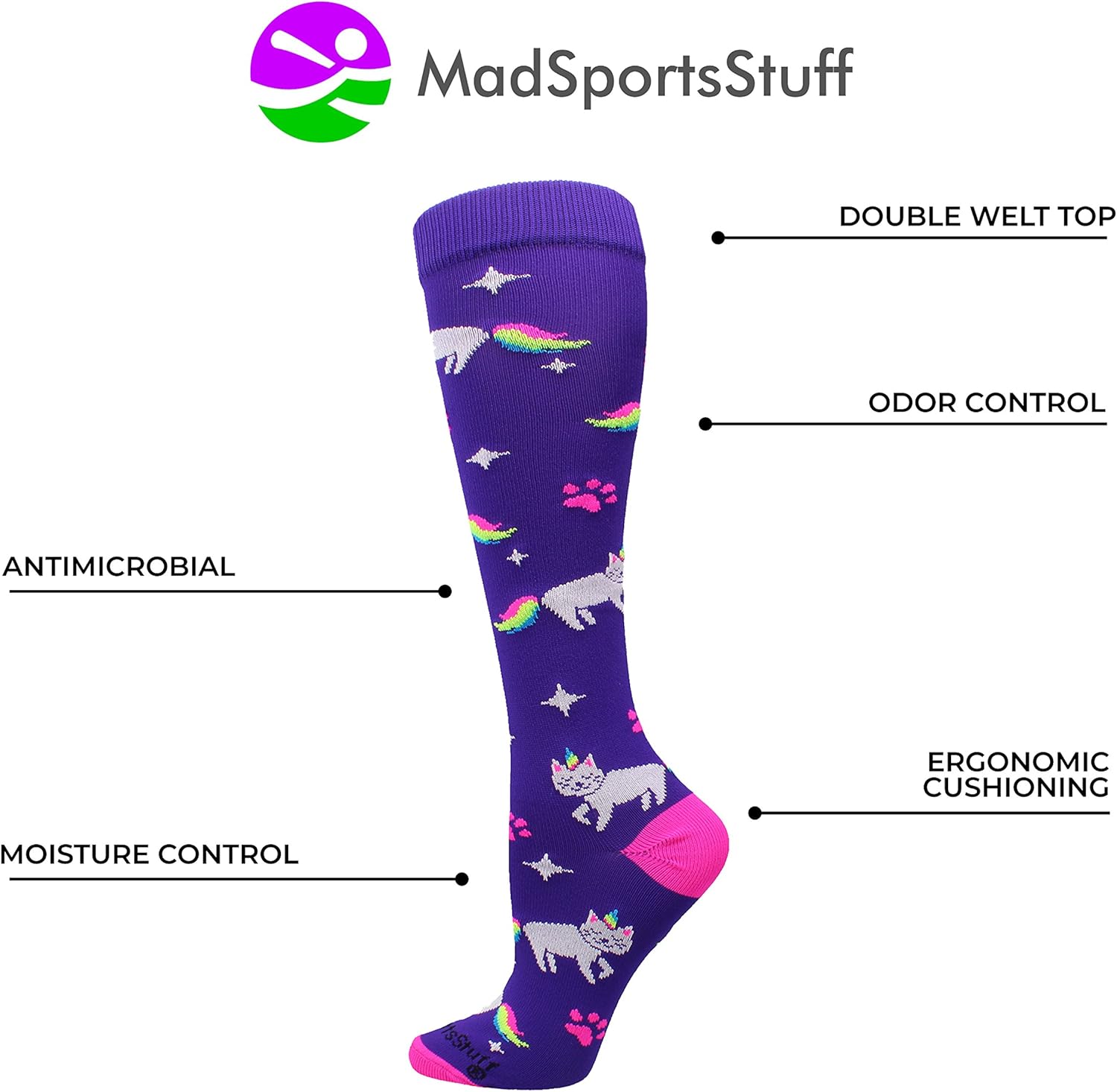 MadSportsStuff Half Cat Half Unicorn - Neon Rainbow Caticorn Athletic Over The Calf Socks : Clothing