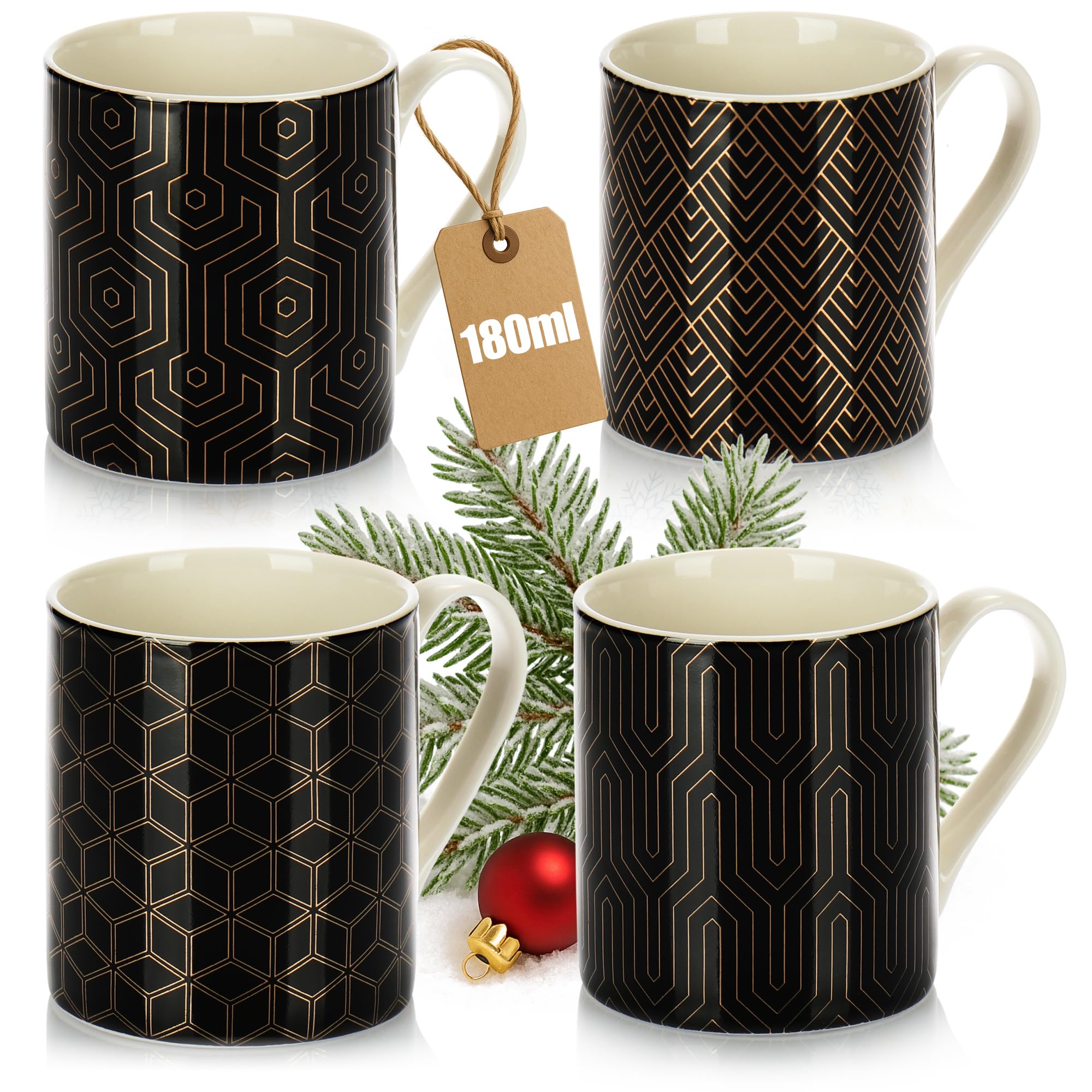 com-four® 4X Ceramic Cups 180 ml in Art Deco Style, Small Vintage Mugs for Espresso, Americano, Tea and Mulled Wine, Suitable for hot Drinks