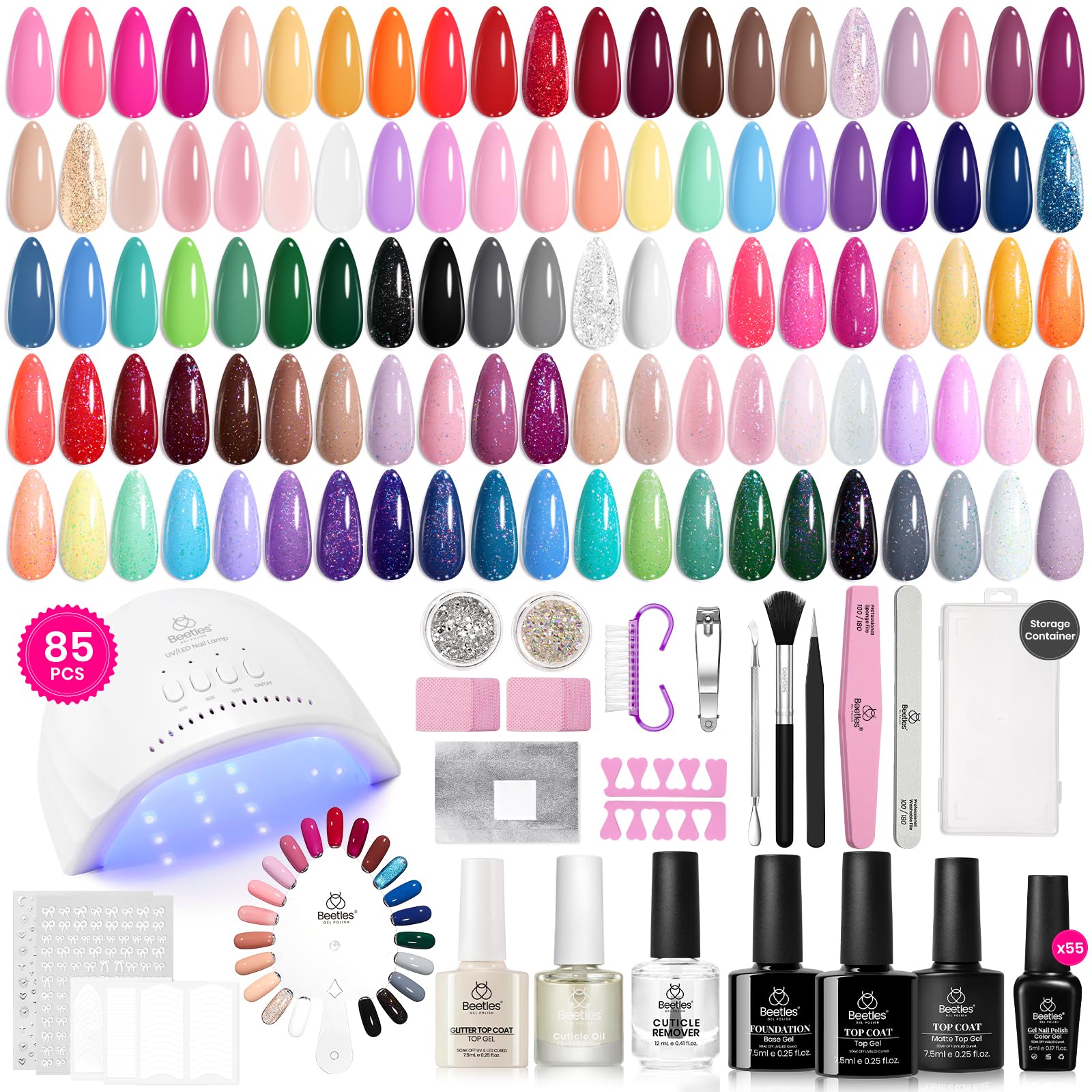 Beetles Gel Nail Polish Kit with UV Light 85 Pcs Seasonal Symphony 55 Colours Gel Polish Nail Set with Diamond Decorations & Nail Art Stickers and Manicure Tools Soak Off All Season Gel Nail Kit