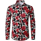 ZEROYAA Men's Fashion Urban Design 3D Printed Slim Fit Long Sleeve Button Up Dress Shirts