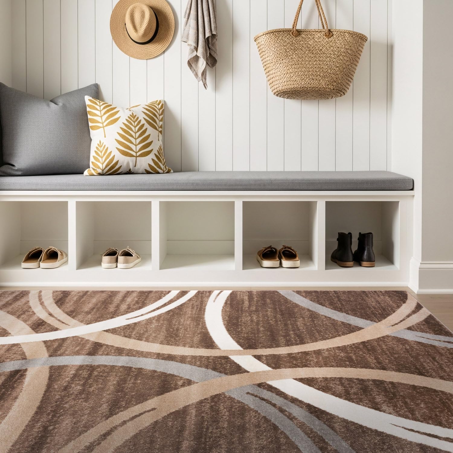 Rugshop Modern Wavy Circles Design Area Rug, Carpet with Jute Backing for Bedroom, Office, or Entryway, Brown, 4' x 6' Image