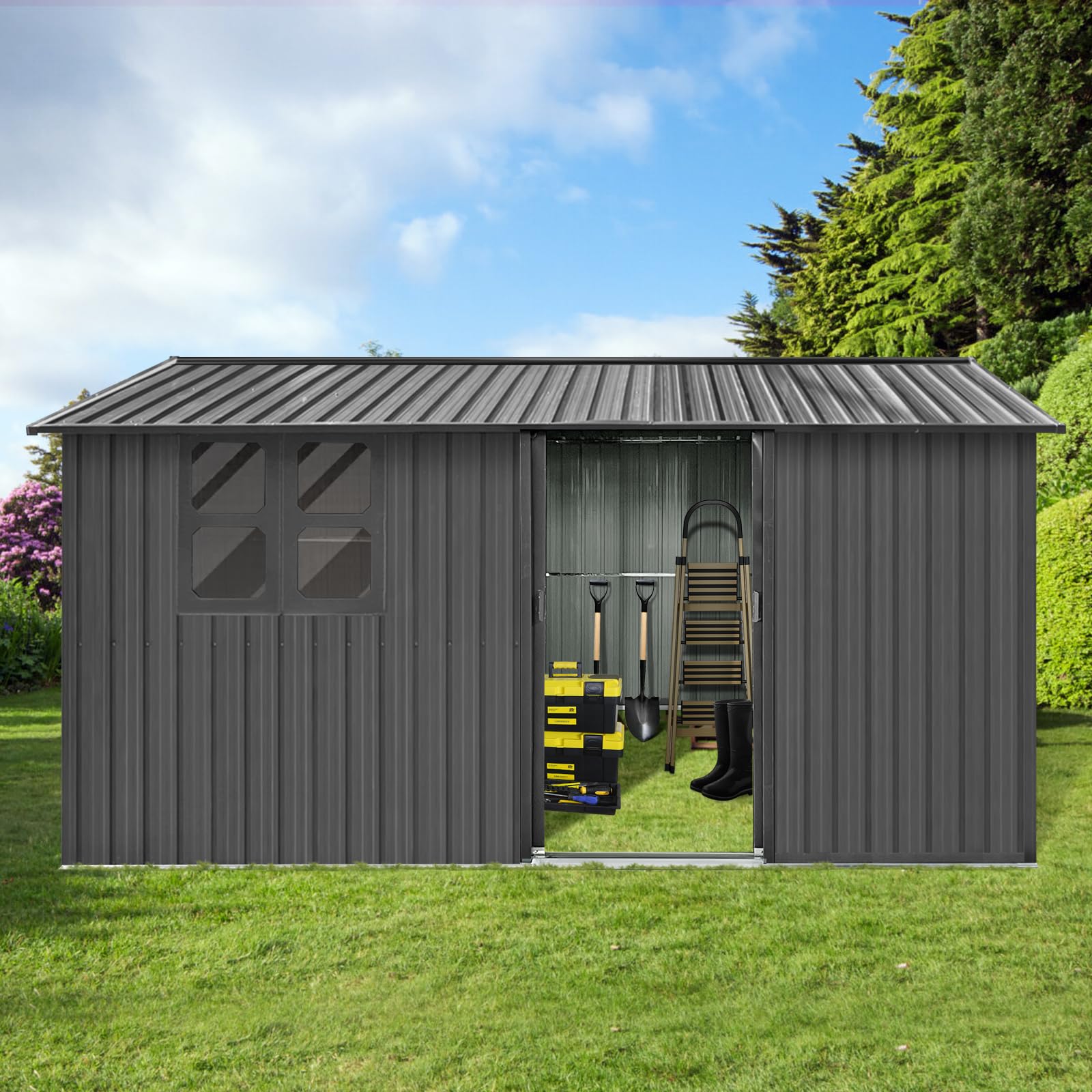 Photo 1 of 12 x 10 FT Outdoor Storage Shed, Metal Garden Tool Shed with Slooping Roof, Lockable Doors and Aluminum Frames, Easy to Assemble for Garden, Patio, Lawn, Grey