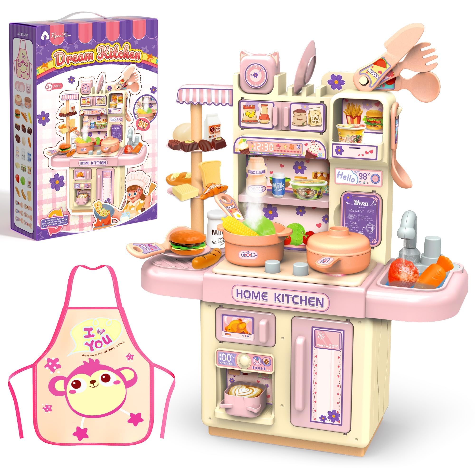Photo 1 of Mini Kids Kitchen Playset with Apron, Play Kitchen Toy with Realistic Steam and Lights, Play Sink and Toy Kitchen Accessories, Pretend Play Gift for Toddlers 3-5 Boys Girls (Pink)