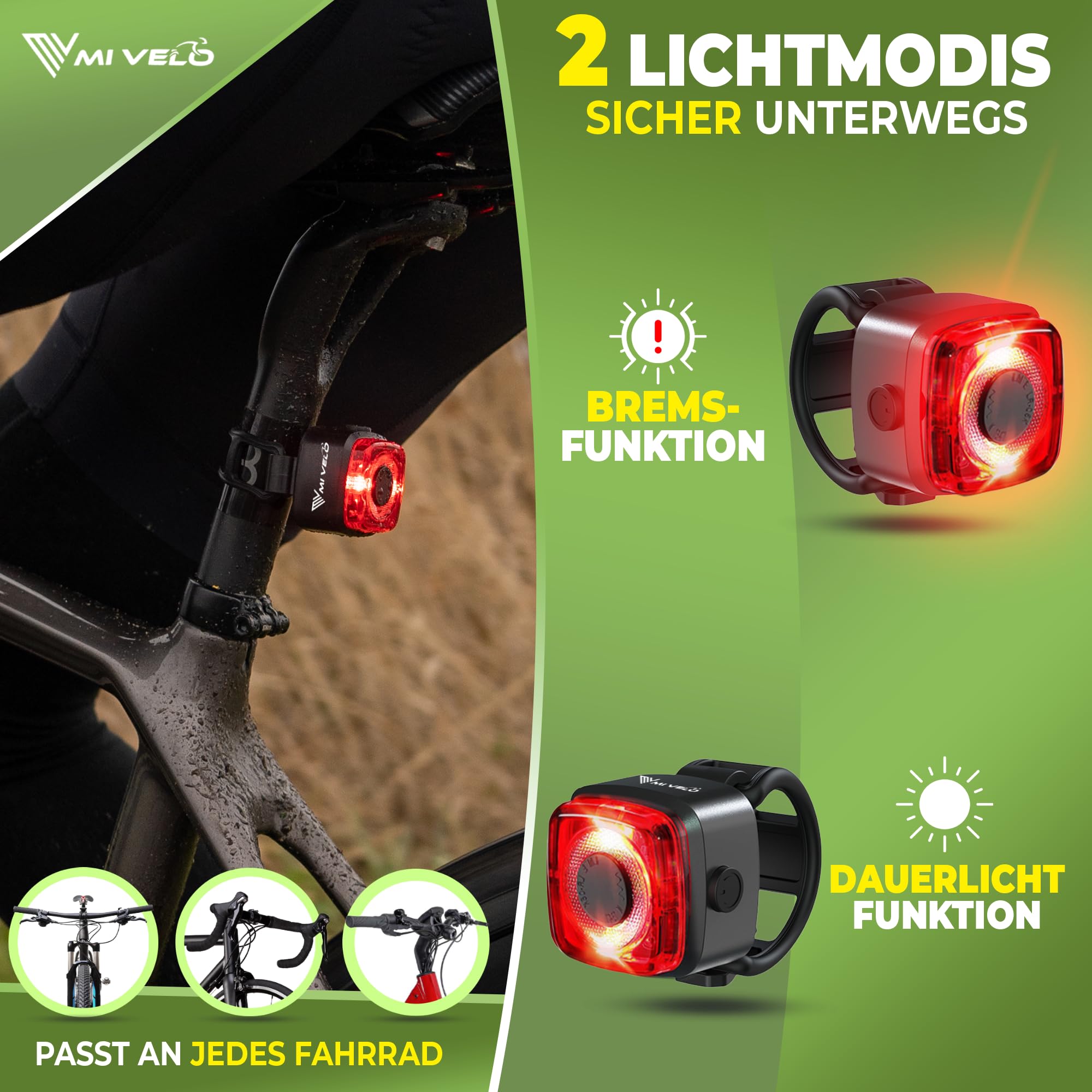 MIVELO Cube PRO Fahrradlicht Set mit Bremsfunktion StVZO zugelassen Fahrradbeleuchtung USB-aufladbar & 100% wasserdicht LED Fahrrad Licht vorne & hinten Rücklicht, Fahrradbeleuchtung 3