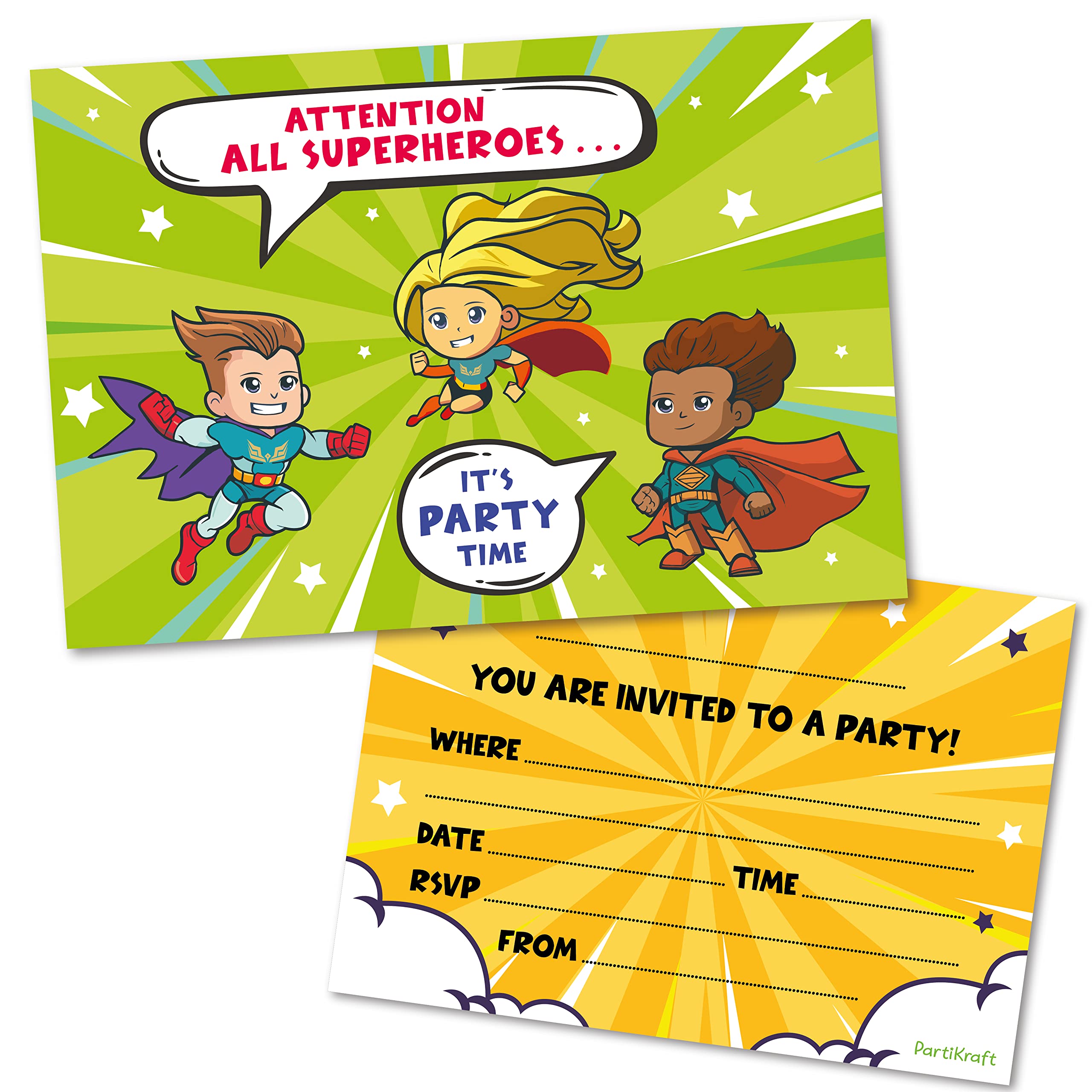 PartiKraft (Pack of 40) Superhero Childrens Birthday Party Invitations - Double Sided (NO ENVELOPES)