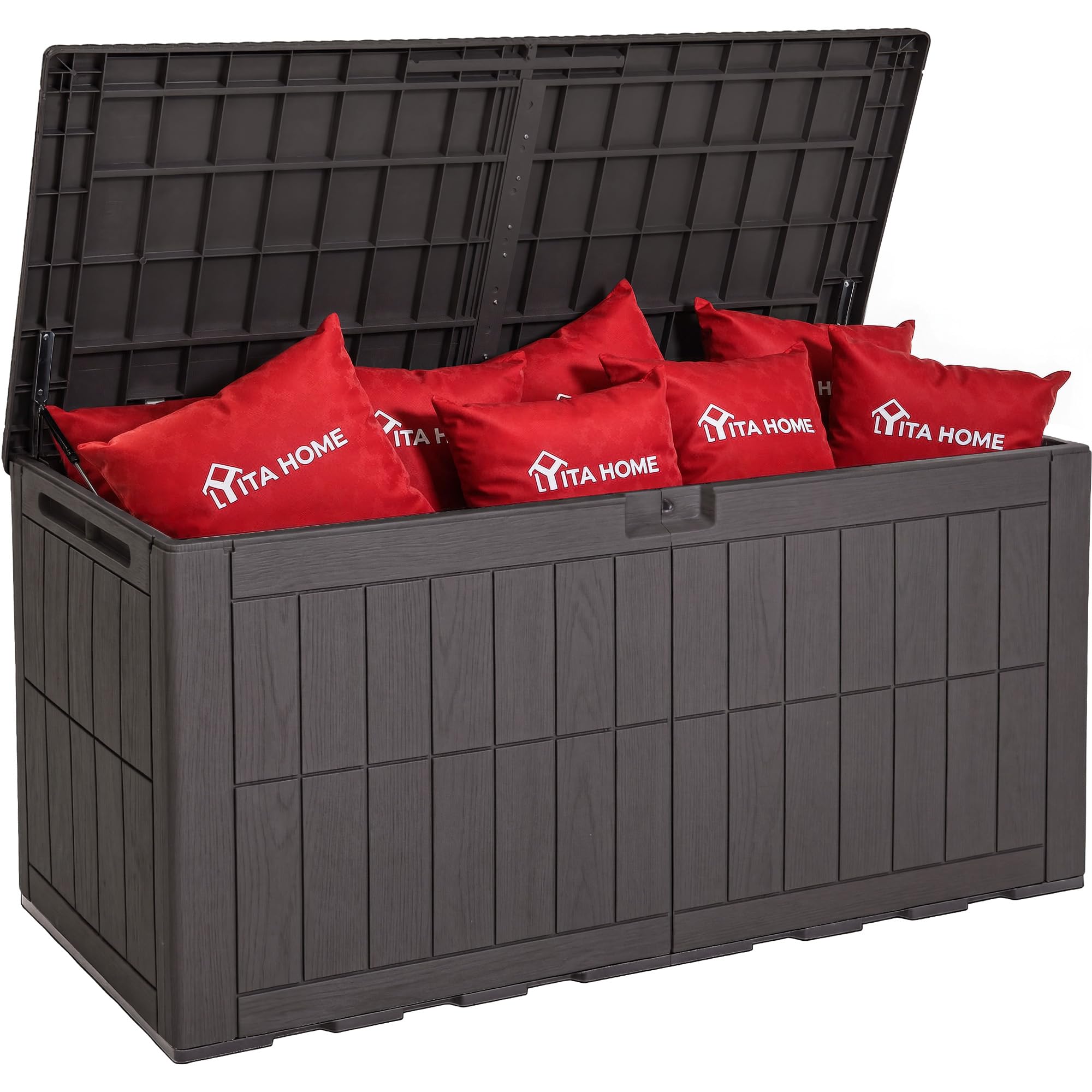 YITAHOME Außenspeicherbox 450L wasserdichte Deckbox für Gartengeräte Terrassenkissen Swimmingpool-Zubehör verschließbar einfach zusammenzubauen vielseitiger Sitzbank oder Tisch,dunkelbraun 9