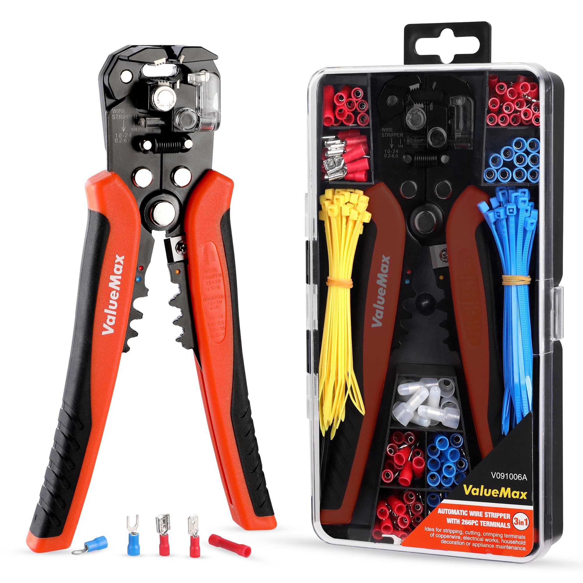 ValueMax Automatic Wire Stripper Crimper Set, 3-in-1 Stripper Cutter with 266 PCS Terminals, Electrical Stripping Pliers AWG 24-10 (0.2-6.0 mm²) for Wire Stripping, Cutting, Crimping