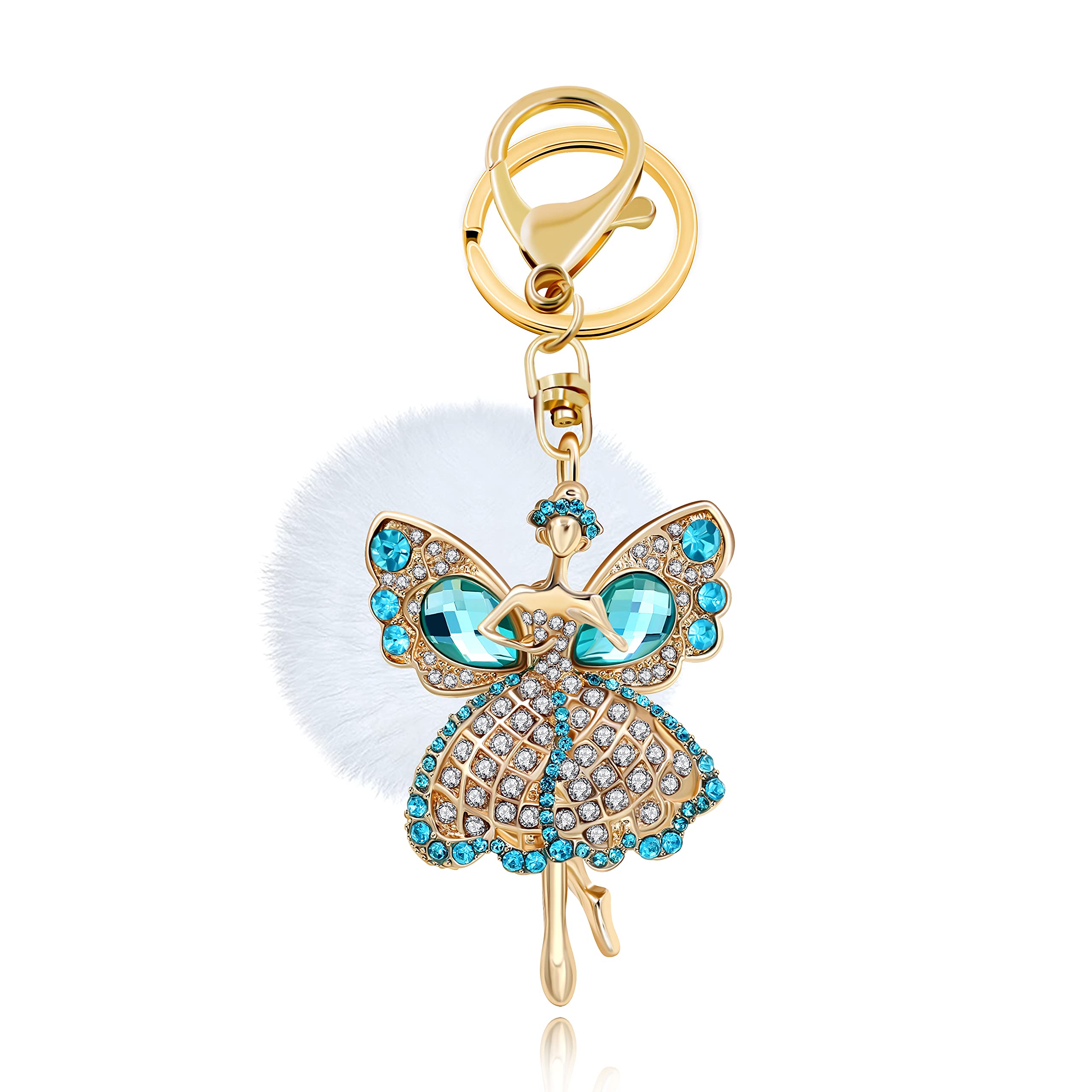 Uloveido Dance Angel Girl Keyrings Blue Crystal Keychains for Women Teenage with White Fur Ball
