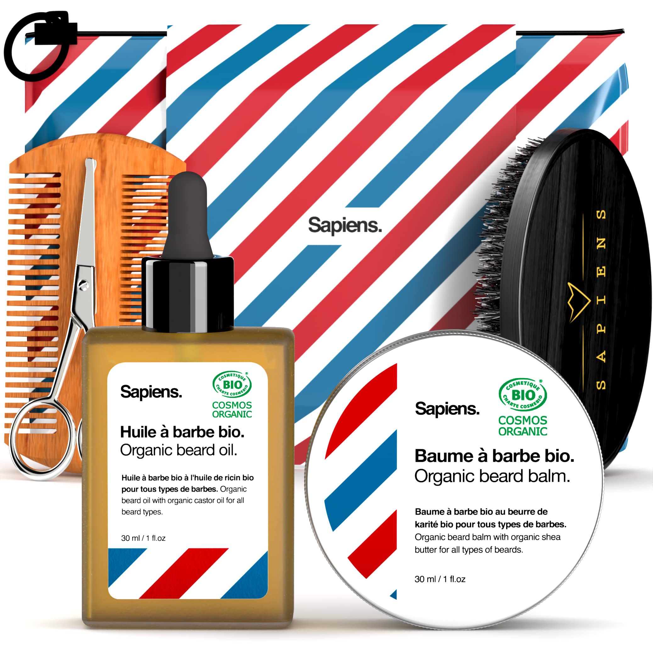 Beard Grooming Kit for Men Sapiens Barbershop - Beard Oil and Beard Balm Organic and 100% Natural - Beard Comb, Beard Brush, Scissors, Travel Pouch - Beard Care Set for Men - Made in France