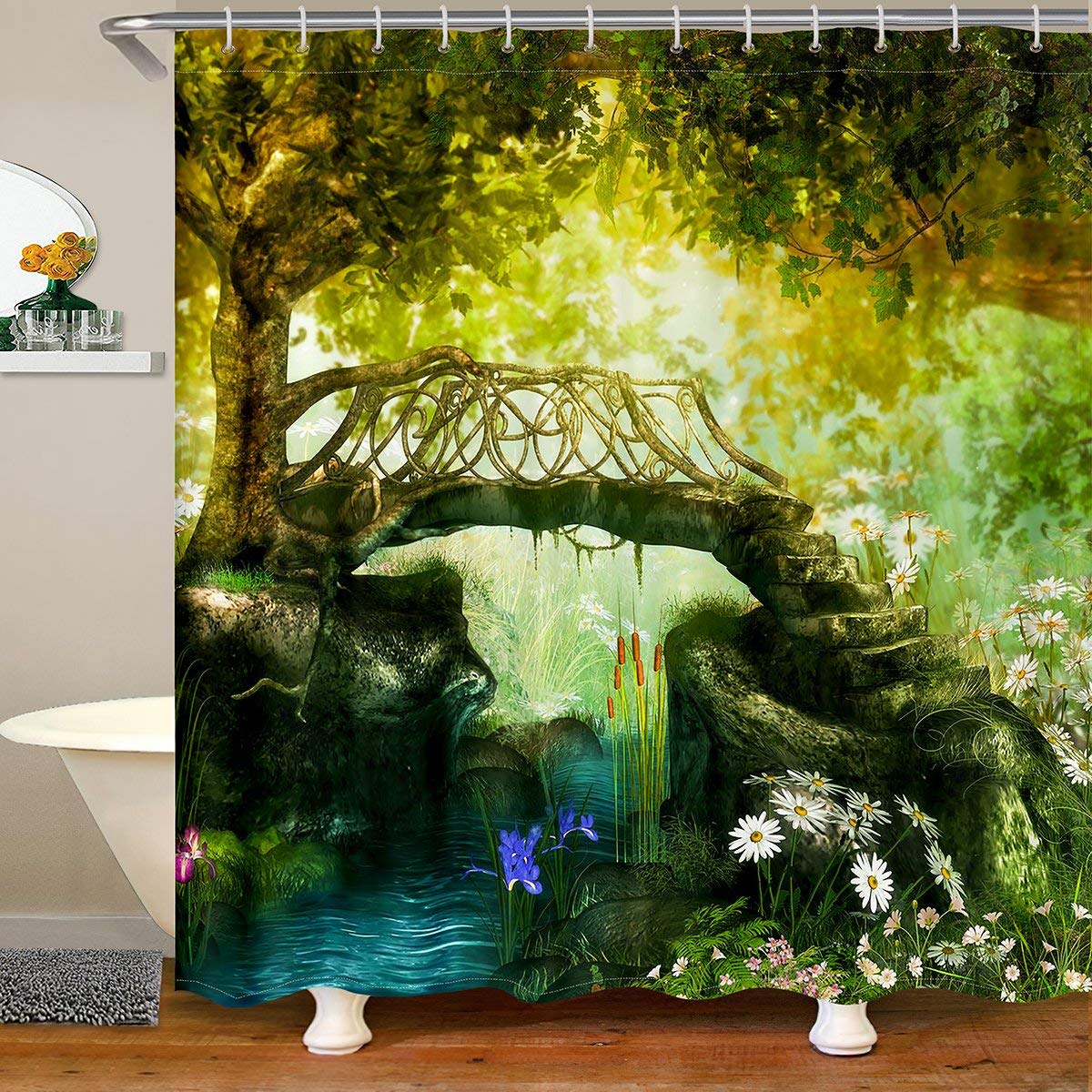 Loussiesd Fairy Tale Waterproof Shower Curtains Magical Jungle Fabric Bathroom Shower Curtain Boys Girls Fairy Woodland Floral Shower Curtain with Hooks Dreamy Natural Scenery Curtain,180x200cm — image 1