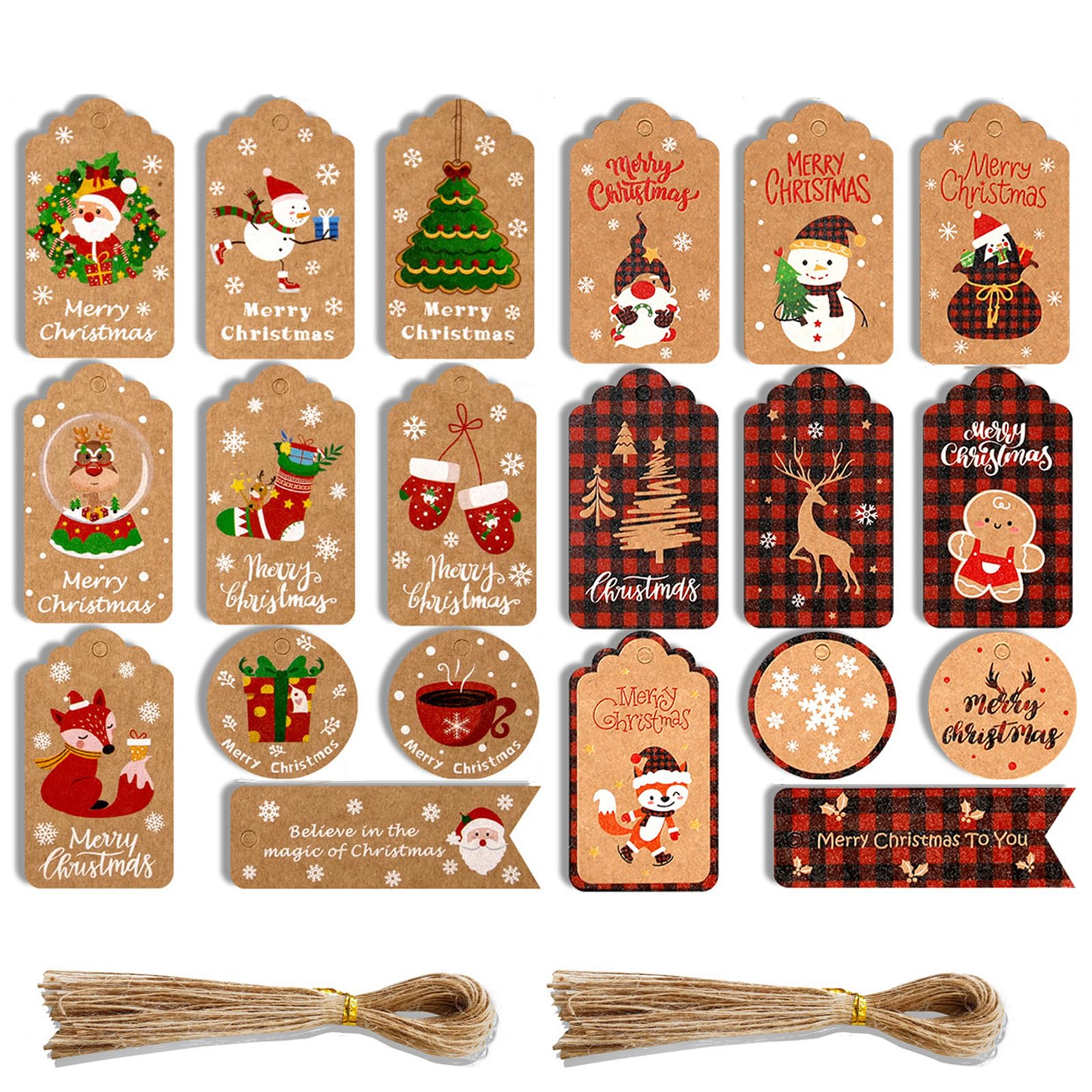 100PCS Christmas Labels, 20 Types Tags, 2 Bundles of Twine Included, Perfect for Xmas Wrapping Decorations, DIY Homemade Arts Craft
