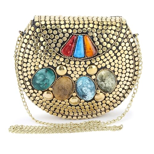 Voila Stylish Antique Ethnic Handmade Party Metal Clutch For Women - Gold