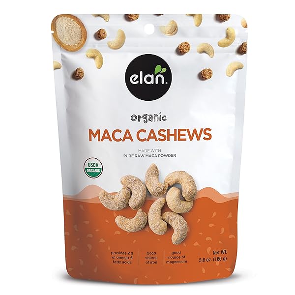 ELAN ORGANIC MACA CASHEWS, 5.6 OZ, HEALTHY SNACKS, NON-GMO, GLUTEN-FREE, VEGAN KOSHER, GLAZED NUTS (ROASTED CASHEWS, MACA POWDER, TIGERNUT POWDER), SUPERFOOD INFUSED NUTS