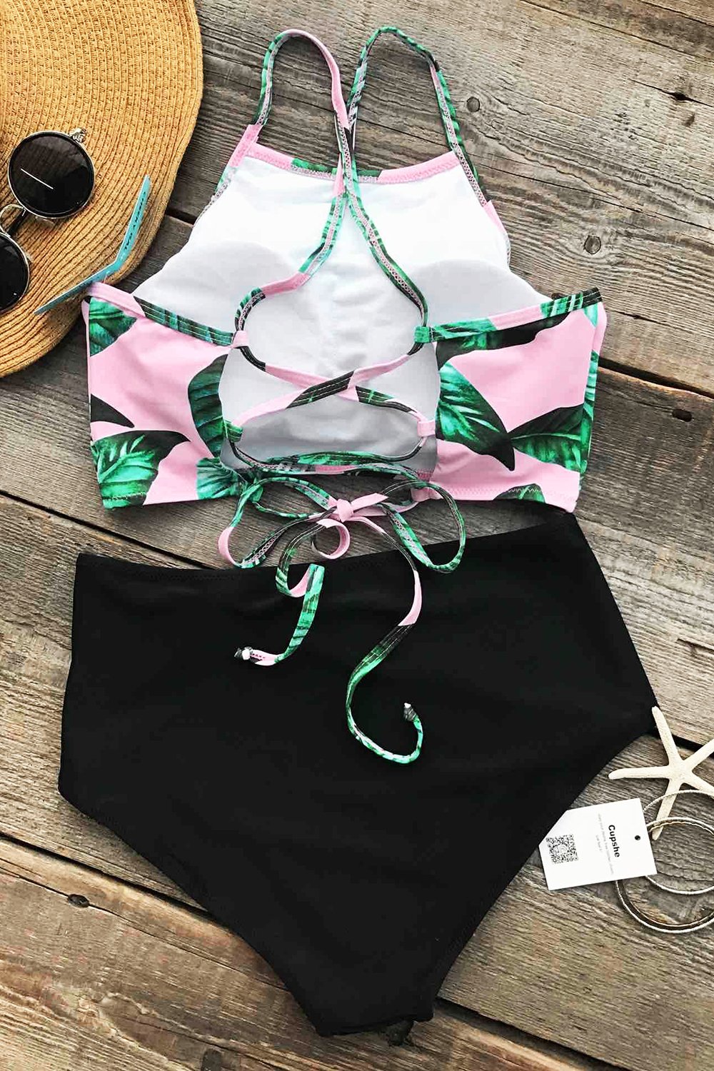 CUPSHE Women's Leaves Printing High Waisted Bikini Set Tankini Swimwear