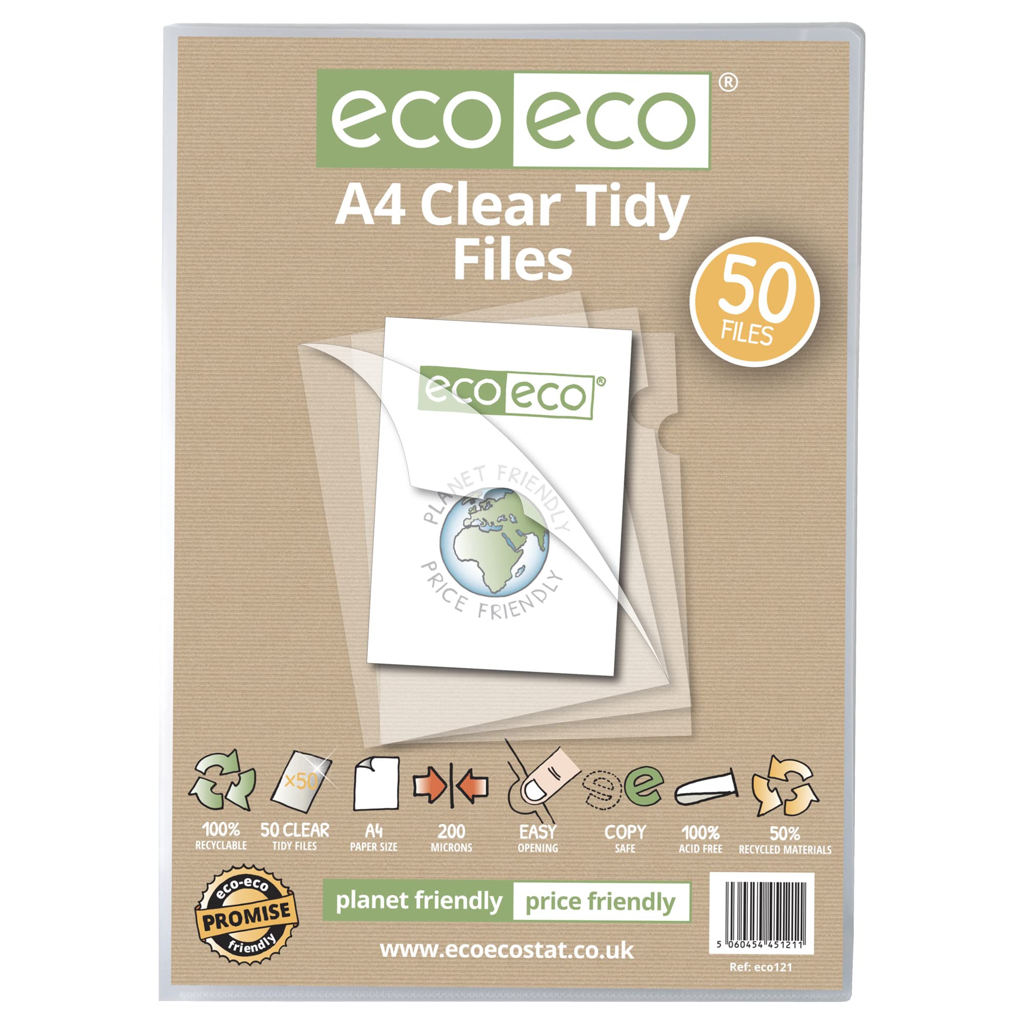 eco-eco Stationery A4 50% Recycled Bag 50 Tidy Report Files, 200 Micron Open Top & Side Covers File Wallets Clear Cut Flush, eco121