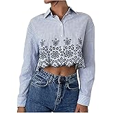 SweatyRocks Women's Striped Button Down Shirts Collared Long Sleeve Floral Embroidered Blouse Top